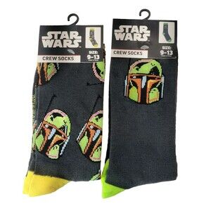 Disney Star Wars Boba Fett Mens Black Crew Socks 2 Pair Sz 6-12 NWT